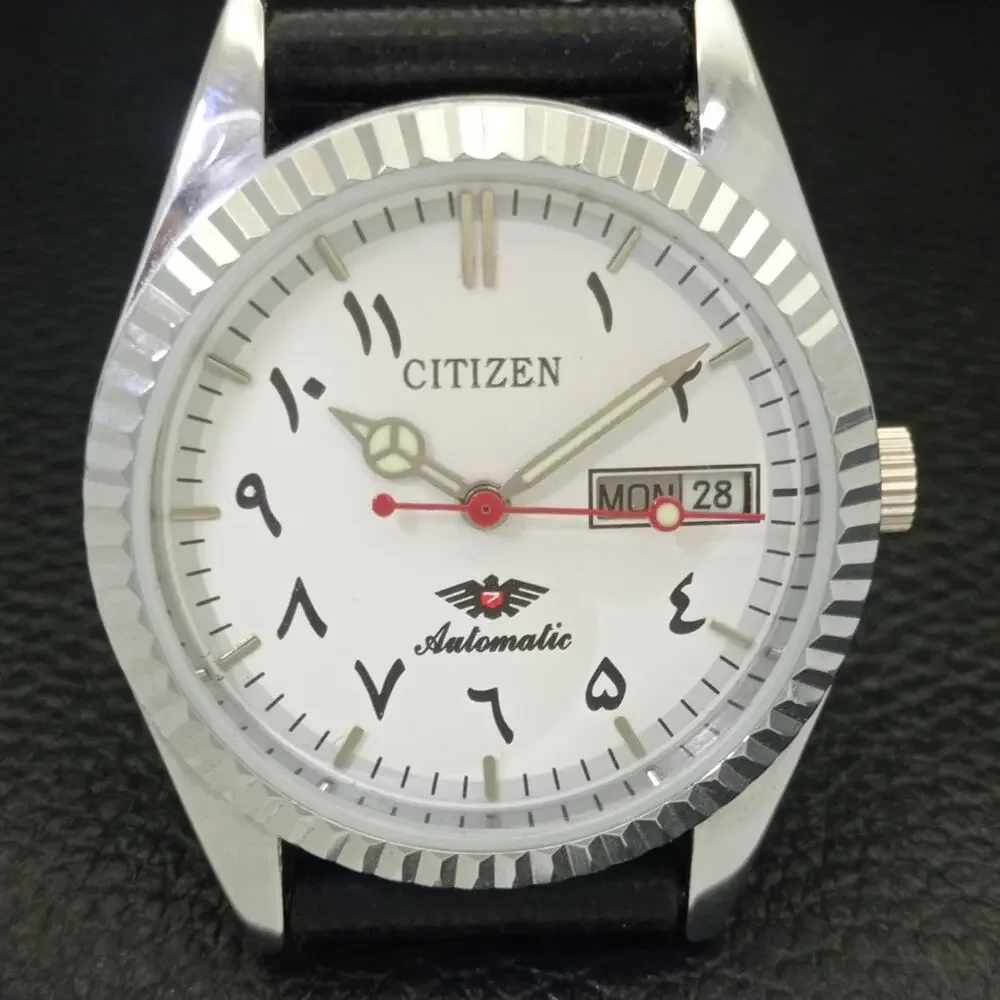 Vintage 1972 Arabic Citizen Automatic Mens Silver Watch W/daydate & Black accent